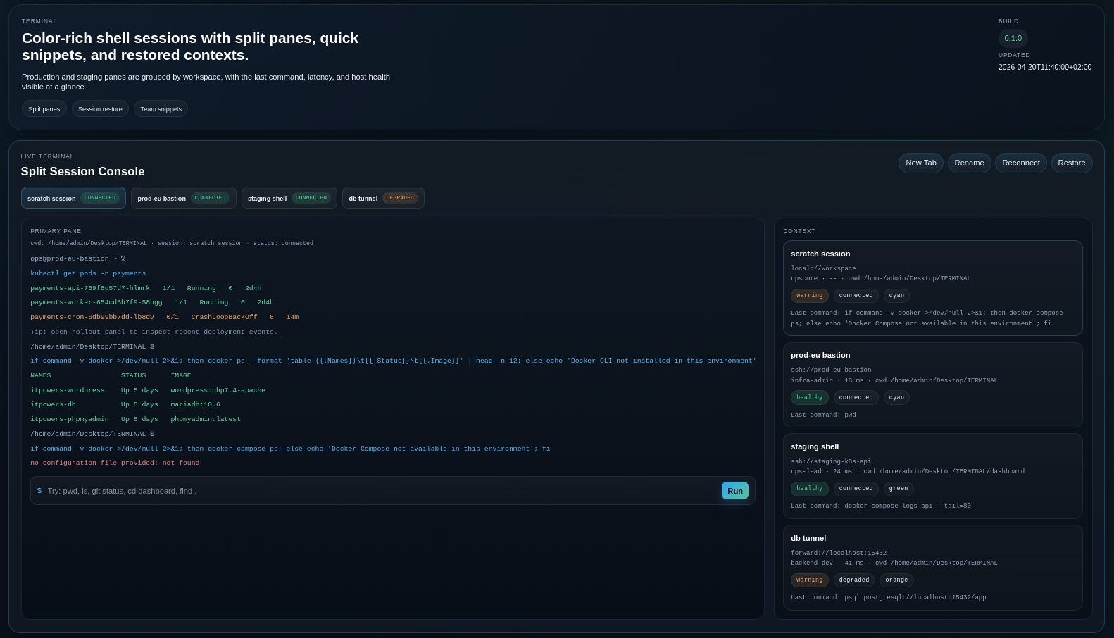 OpsCore split terminal workspace